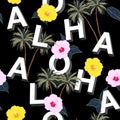 Trendy and Beautiful seamless 3D typo ALOHA mix with summer motive pattern on black background. Landscape with palm