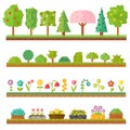 Trendy beautiful set of flat plants forest elements include grass, berries, bushes and trees vector illustration. Royalty Free Stock Photo