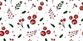 Trendy berry pattern with lingonberries. Red ripe cranberries on a white background. Bright summer fabric and textile design. Red Royalty Free Stock Photo