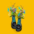 Trendy black boots with yellow lacing, colorful flowerson yellow background, vector illustration EPS 10