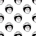 Hand drawn doodle style face of young disgruntled woman background. Trendy black and white vector seamless pattern.