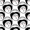 Hand drawn doodle style face of young disgruntled woman background. Trendy black and white vector seamless pattern.