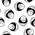 Hand drawn doodle style face of young disgruntled woman background. Trendy black and white vector seamless pattern.