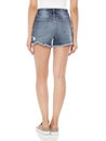 Trendy blue curvy fit denim shorts with white background