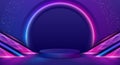 Trendy Blue 3d cylindrical pedestal podium background with glowing and sparkling circular neon light