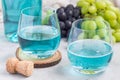 Trendy blue moscato wine in glass and in bottle, green and red grape on background, horizontal Royalty Free Stock Photo