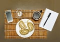 Trendy breakfast, Breakfast, business man, Smartphone, notebook,