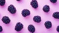 Trendy bright pattern of berries (blueberry and bramble). Pastel pink background. Minimalist food concept