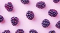 Trendy bright pattern of berries (blueberry and bramble). Pastel pink background. Minimalist food concept