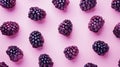 Trendy bright pattern of berries (blueberry and bramble). Pastel pink background. Minimalist food concept