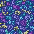 Trendy bright squiggles seamless pattern. Fun colorful line doodle with shapes crown, heart, numbers of 90s, 00s, y2k Royalty Free Stock Photo