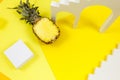 Trendy bright yellow background with geometric forms and podiums for product presentation. Pineapple and podiums to show products