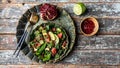 Trendy brunch Winter Salad with quinoa, spinach, avocado, grapefruit, pomegranate, nuts and microgreens, banner, catering menu