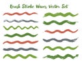 Trendy brush stroke waves vector set. Hand drawn green grey brushstrokes, ink splashes, watercolor splats