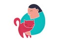 Trendy cartoon man holding red cat line art