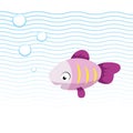 Trendy cartoon pink smiling fish swimming underwater. Blue waves and bubbles.