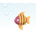 Trendy cartoon striped fish swimming underwater. Blue waves and bubbles.