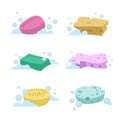 Trendy cartoon style bath and health care set. Different colors soaps and spoonges