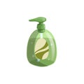 Trendy cartoon style green liquid soap bottle with dispenser and bubbles. Hygiene and health care vector illustration.