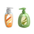 Trendy cartoon style green and orange liquid soap bottles with dispenser icons set. Hygiene and health care Royalty Free Stock Photo