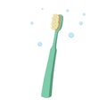 Trendy cartoon style old fashioned green toothbrush. Hygiene and every day teeth protection vector illustration.