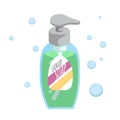 Trendy cartoon transparent bottle with dispenser and green liquid soap. Every day hygiene and health care vector illustration.