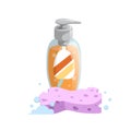 Trendy cartoon transparent bottle with dispenser and orange liquid soap or shampoo, pink sponge with foam. Hygiene and health care Royalty Free Stock Photo