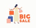 Trendy cartoon woman carry shopping bags enjoy big sale isolated on white. Colorful female shopaholic holding purchases