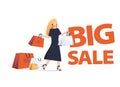 Trendy cartoon woman carry shopping bags enjoy big sale isolated on white. Colorful female shopaholic holding purchases