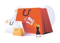 Trendy cartoon woman carry shopping bags enjoy big sale isolated on white. Colorful female shopaholic holding purchases