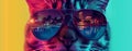 Trendy cat with mirrored sunglasses. Cool vacation vibes. Trendy fashionable neon colors