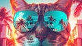 Trendy cat with mirrored sunglasses. Cool vacation vibes. Trendy fashionable neon colors