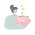 Trendy character girl collect money in pink piggybank How to save money. Flat vector illustration for banner, article