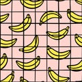 Trendy checkered grid and banana seamless pattern. Black hand drawn lines on pink background Royalty Free Stock Photo