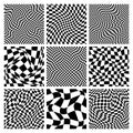 Trendy checkered pattern, black and white distorted tiled grid. Wavy curved backdrop, distortion effect. Funky geometric Royalty Free Stock Photo