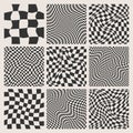 Trendy checkered pattern, black and white distorted tiled grid. Wavy curved backdrop, distortion effect. Funky geometric Royalty Free Stock Photo