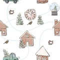 Trendy Christmas ilustration. cookie house, clock, tree, bird tenser watercolor winter holiday background pattern. Seasonal