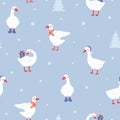 Trendy christmas pattern with cute white gooses and christmas trees, snow, gifts. Seamless scandinavian geese pattern