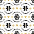 Trendy Christmas seamless pattern. Hand-drawn black, gold snowflakes, white background Royalty Free Stock Photo