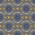 Trendy Christmas seamless pattern. Hand-drawn blue, gold snowflakes, gray background Royalty Free Stock Photo