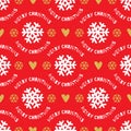 Trendy Christmas seamless pattern. Hand-drawn white, gold snowflakes, red background