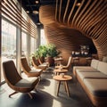 A trendy coffee shop with a 3D wooden slat wall Royalty Free Stock Photo