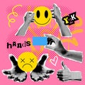 Trendy collage hands set. Hand gestures collection. 90s - y2k Retro halftone crazy style. Contemporary textured vector