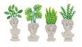 Trendy collection of home plants in statue heads flowerpots pack icons. Set of houseplants in pots modern illustrations.