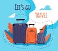 Trendy color. Lets Go Travel Motivational Title. Travel banner with cartoon suitcases and a flying paper airplane. Vector Illustra