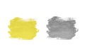 Trendy Color of the year 2021 Illuminating yellow and Ultimate Grey. Two samples of Illuminating and Ultimate Grey paint on white Royalty Free Stock Photo