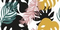 Trendy colored seamless pattern, tropical leaves.