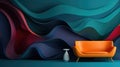 Trendy colorful background with flowing 3D waves of greens, oranges, and reds with a futuristic piece of furniture. With copyspace