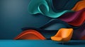 Trendy colorful background with flowing 3D waves of greens, oranges, and reds with a futuristic piece of furniture. With copyspace