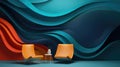 Trendy colorful background with flowing 3D waves of greens, oranges, and reds with a futuristic piece of furniture. With copyspace